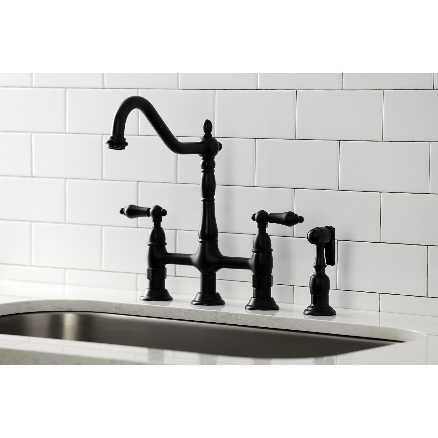 Two-Handle 4-Hole Deck Mount Bridge Kitchen Faucet with Brass Side Sprayer, Matte Black
