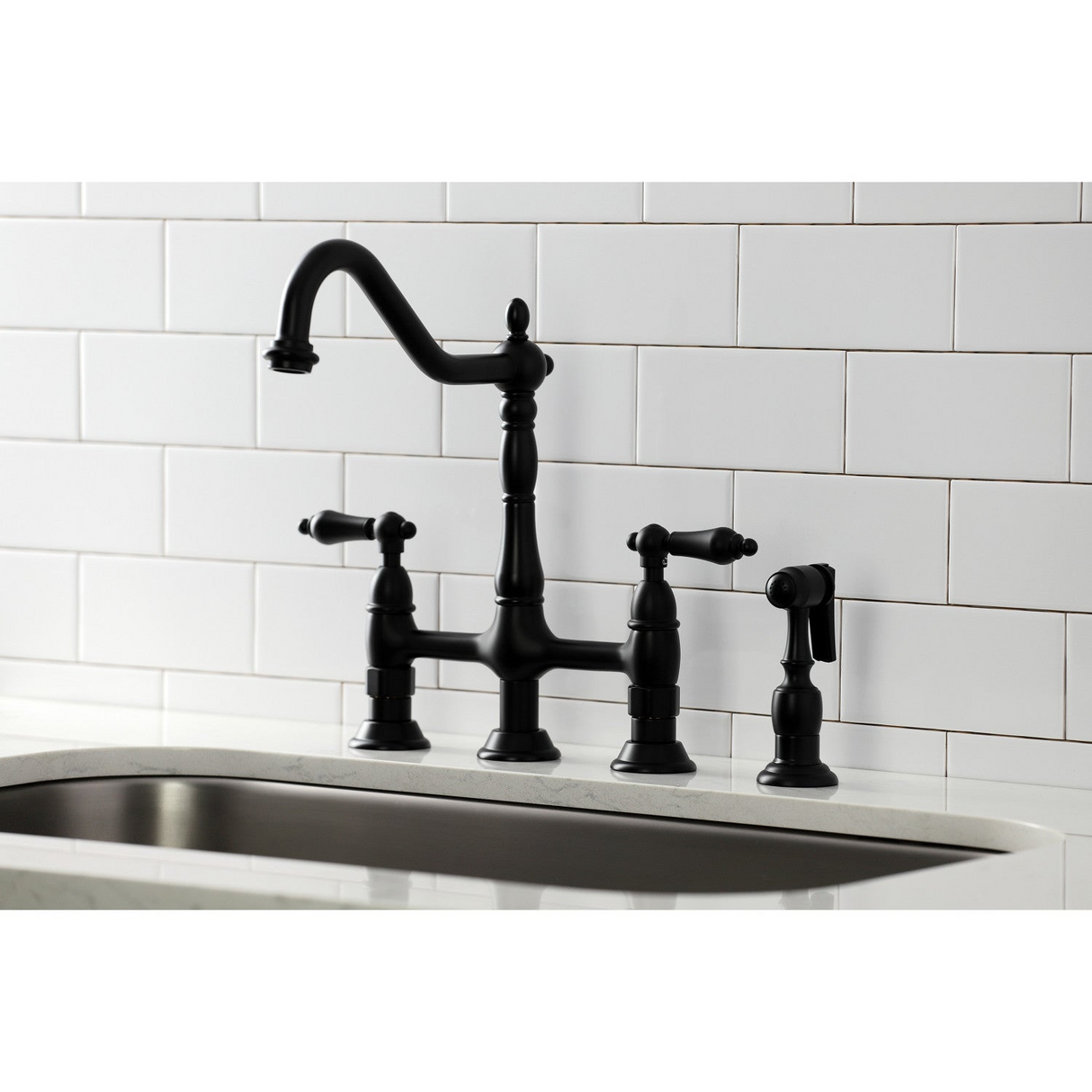 Two-Handle 4-Hole Deck Mount Bridge Kitchen Faucet with Brass Side Sprayer, Matte Black
