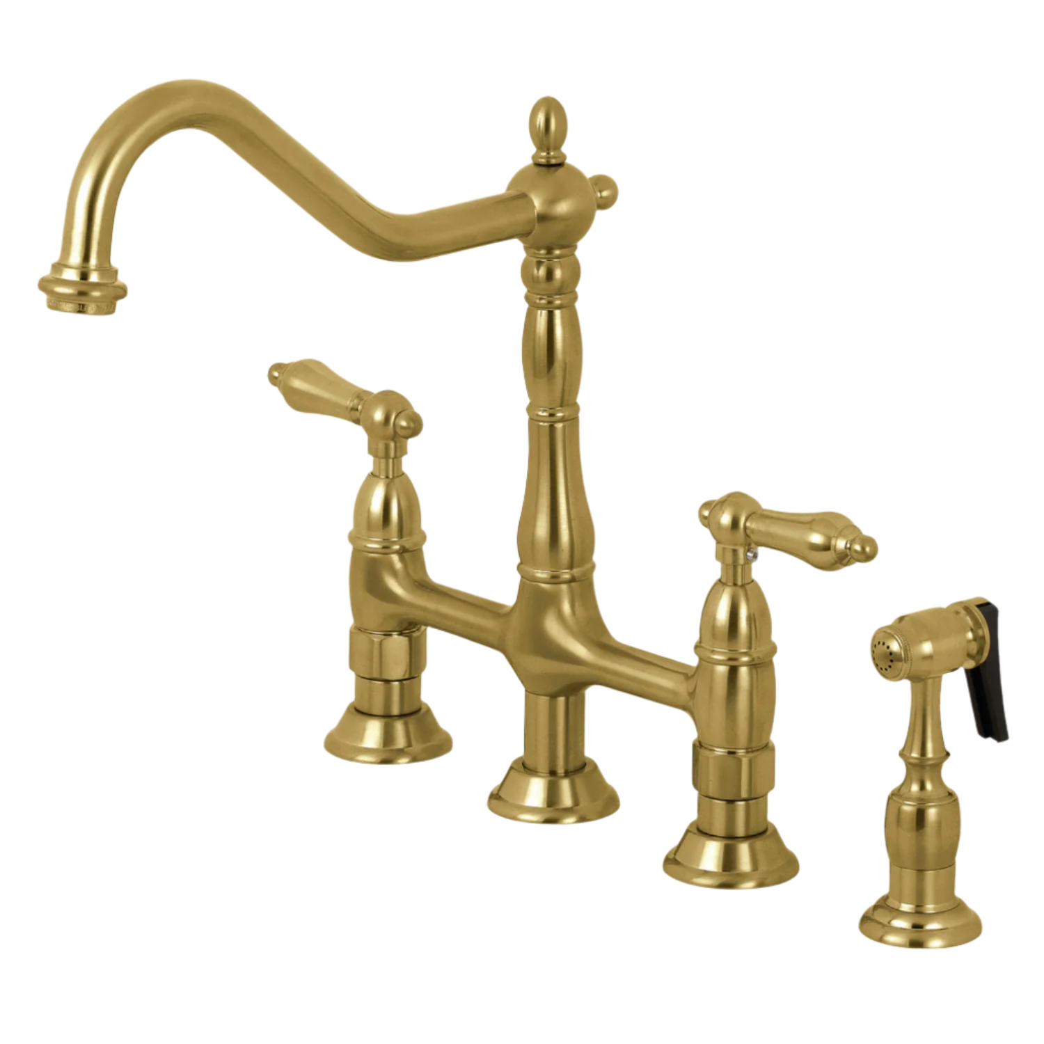 Two-Handle 4-Hole Deck Mount Bridge Kitchen Faucet with Brass Side Sprayer, Brushed Brass