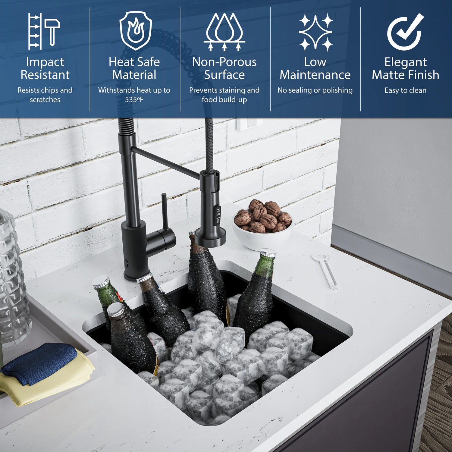 Karran 17" Undermount Quartz Composite Kitchen Sink, Black