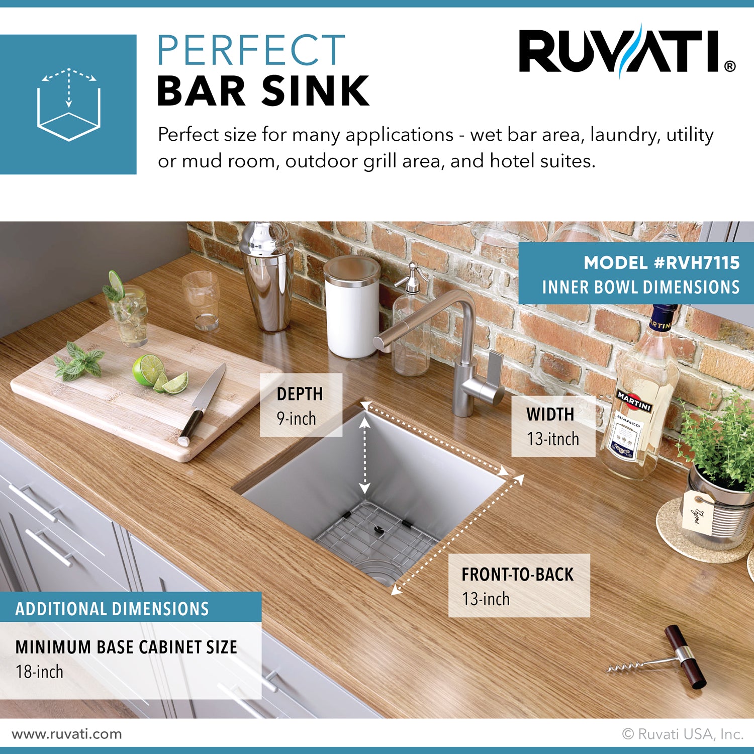 Ruvati 15 x 15 inch Undermount 16 Gauge Zero Radius Bar Prep Square Kitchen Sink Single Bowl