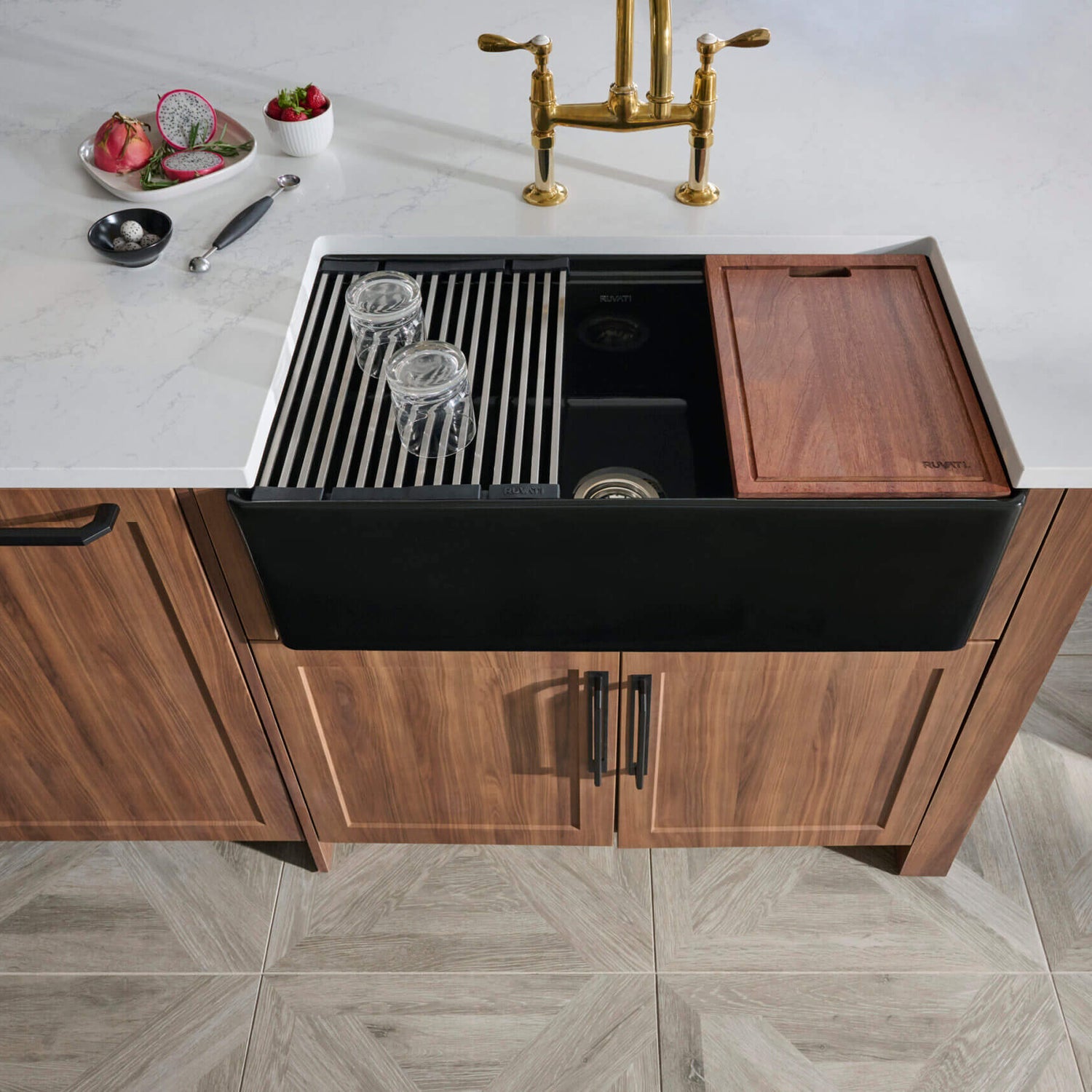 Ruvati 33 inch Fireclay Workstation Black Farmhouse Kitchen Sink Apron Front Single Bowl