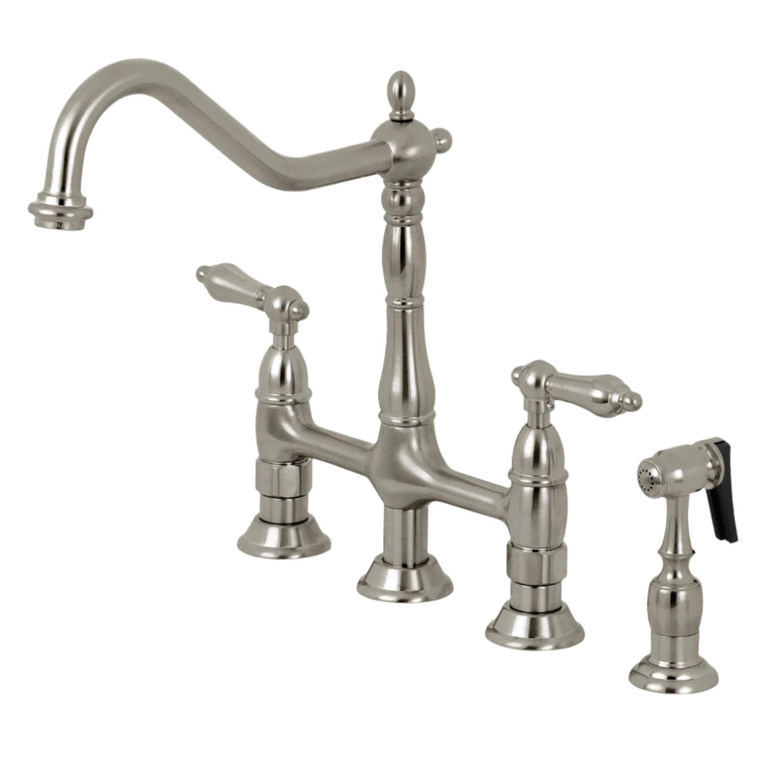 Two-Handle 4-Hole Deck Mount Bridge Kitchen Faucet with Brass Side Sprayer, Brushed Nickel