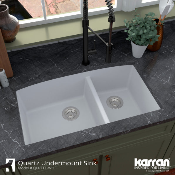 Undermount Quartz Composite 32" 60/40 Double Bowl Kitchen Sink Kit