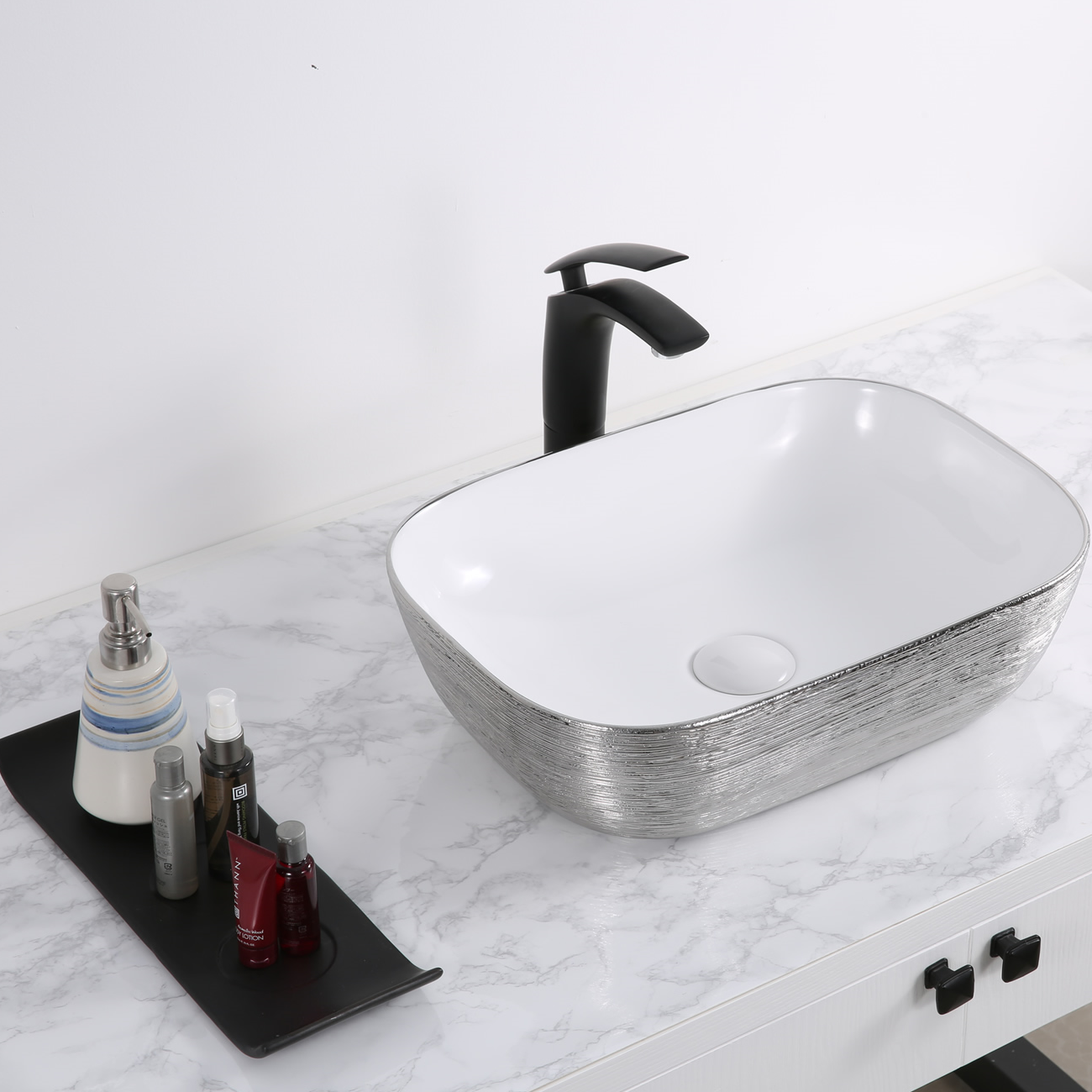 20 in. Above Vanity Counter Bathroom Ceramic Vessel Sink in White with Decorative Art