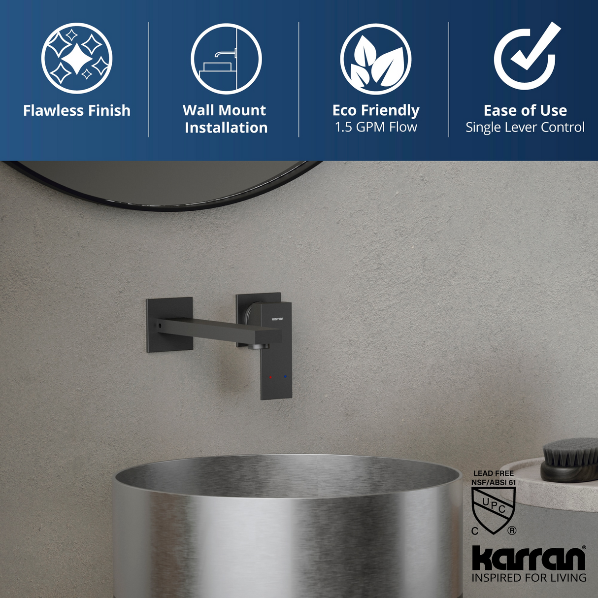 Karran Alberton Gunmetal Grey Wall-mount 1-Handle WaterSense Bathroom Sink Faucet