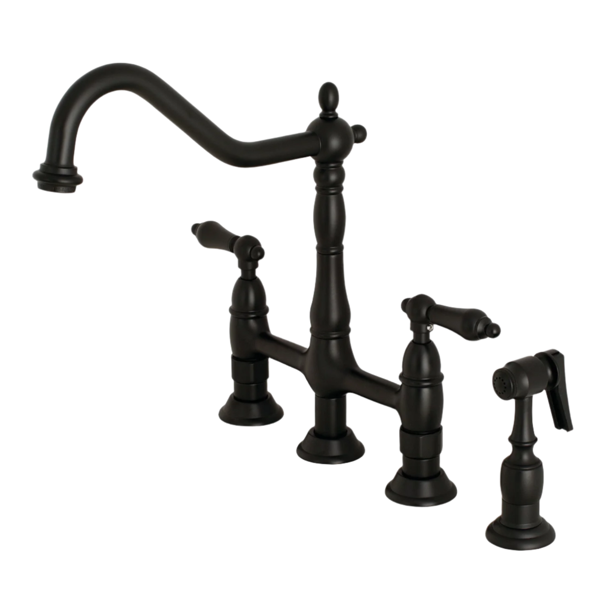 Two-Handle 4-Hole Deck Mount Bridge Kitchen Faucet with Brass Side Sprayer, Matte Black