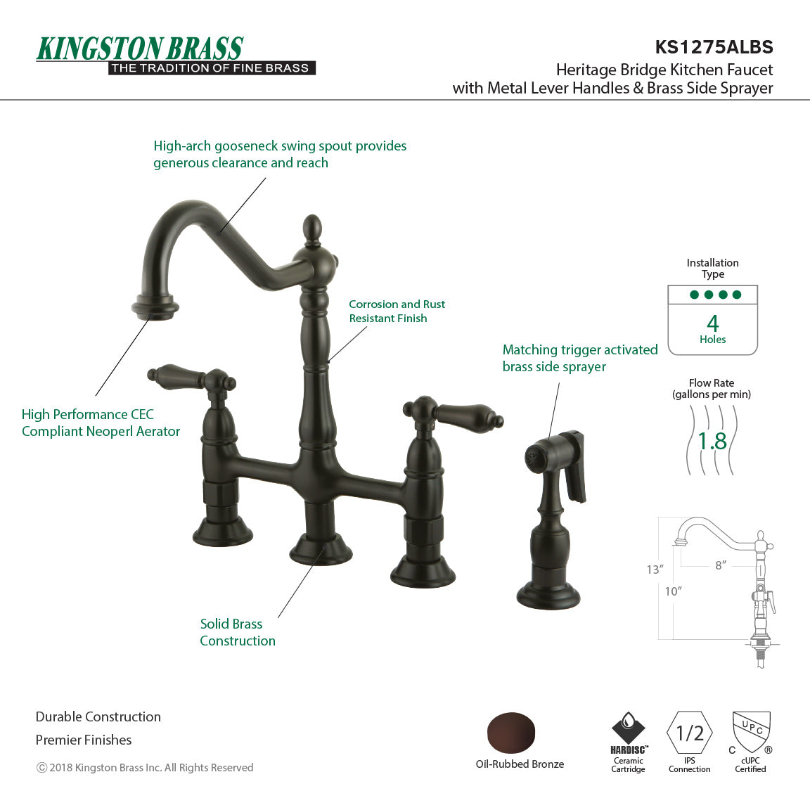 Two-Handle 4-Hole Deck Mount Bridge Kitchen Faucet with Brass Side Sprayer, Oil Rubbed Bronze