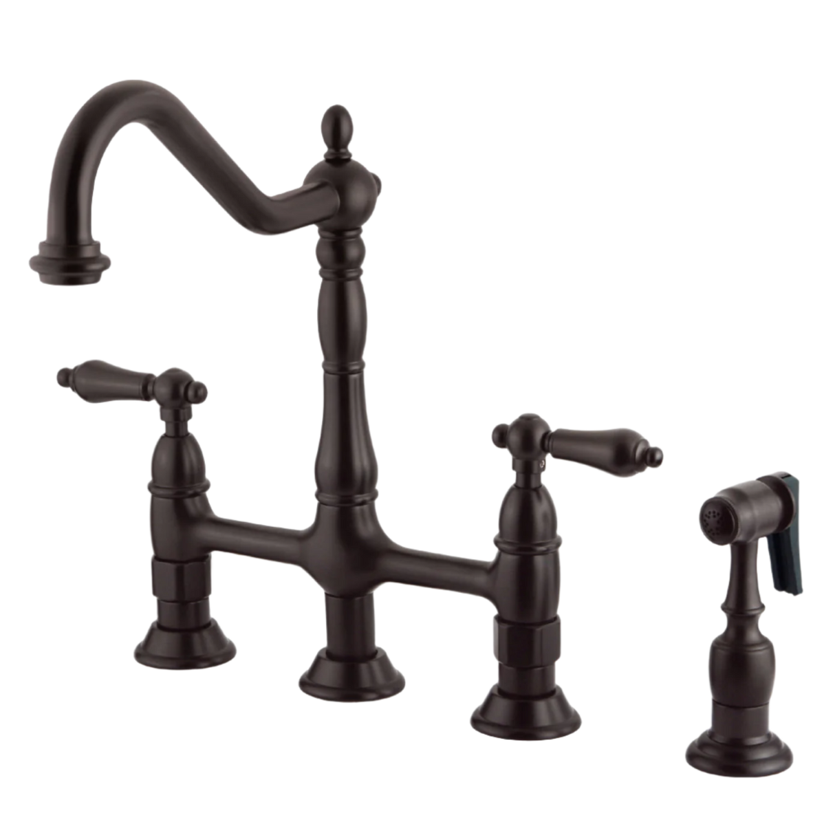 Two-Handle 4-Hole Deck Mount Bridge Kitchen Faucet with Brass Side Sprayer, Oil Rubbed Bronze