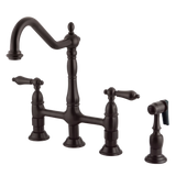 Two-Handle 4-Hole Deck Mount Bridge Kitchen Faucet with Brass Side Sprayer, Oil Rubbed Bronze