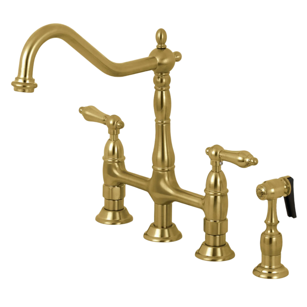 Two-Handle 4-Hole Deck Mount Bridge Kitchen Faucet with Brass Side Sprayer, Brushed Brass