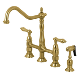 Two-Handle 4-Hole Deck Mount Bridge Kitchen Faucet with Brass Side Sprayer, Brushed Brass