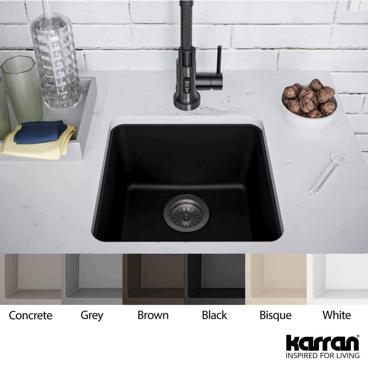 Karran 17" Undermount Quartz Composite Kitchen Sink, Black