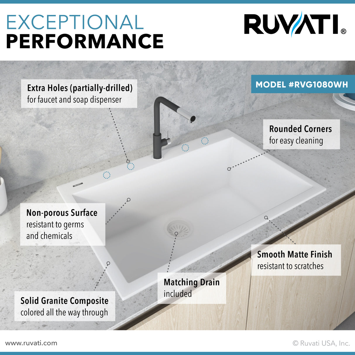 Ruvati 33 x 22 inch epiGranite Drop-in Topmount Granite Composite Single Bowl Kitchen Sink