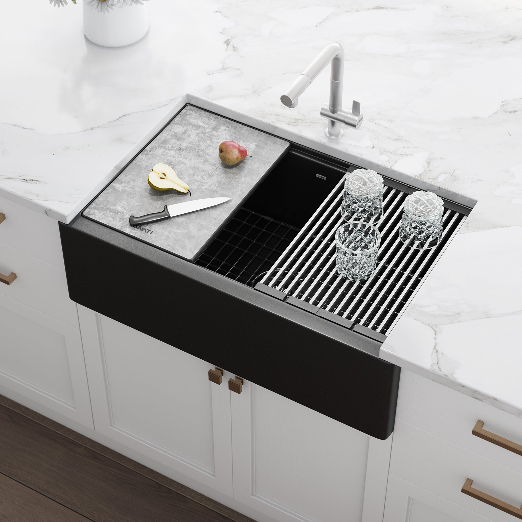 Ruvati 33-inch Matte Black Granite Farmhouse Workstation Apron-front Composite Kitchen Sink