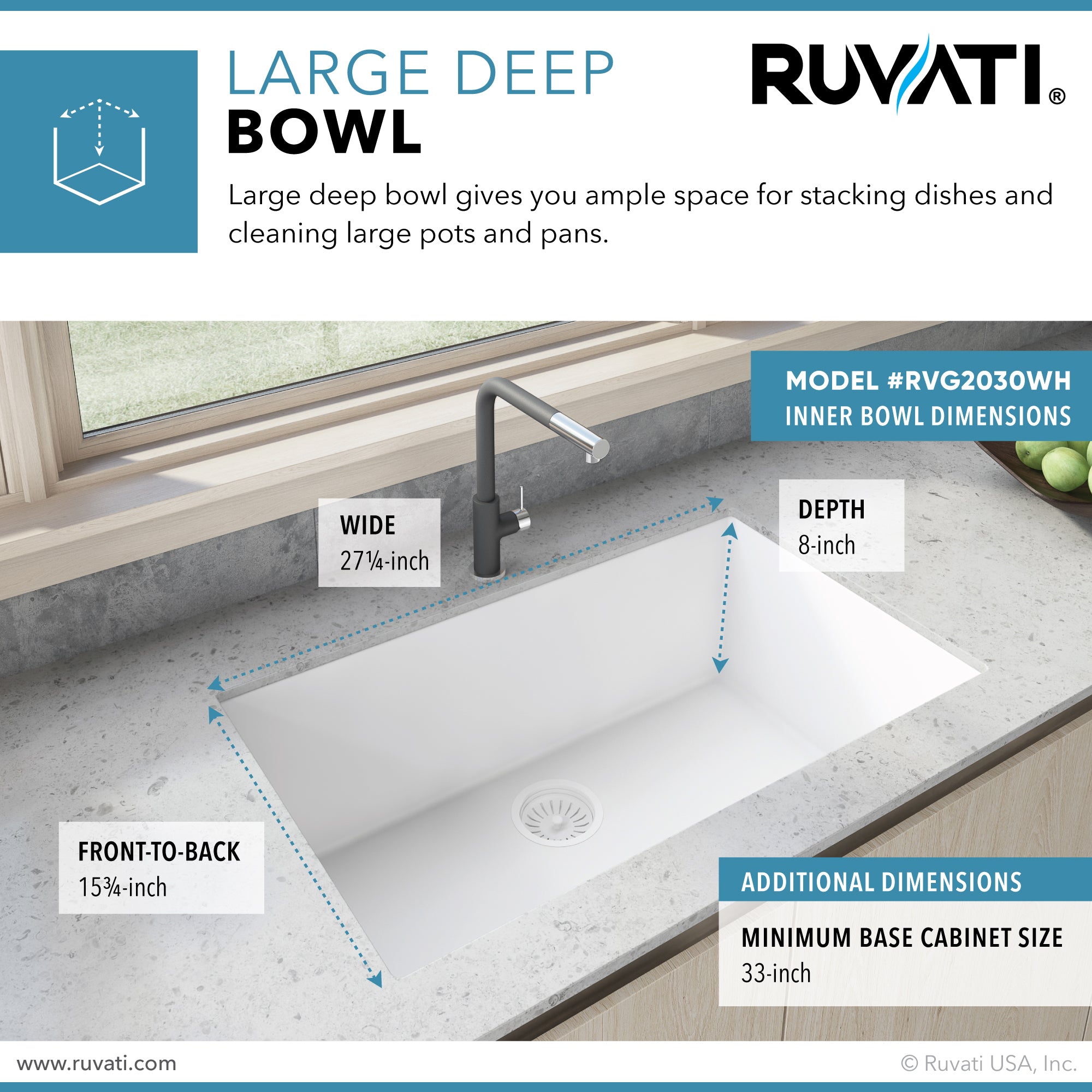 Ruvati 30 x 18 inch Granite Composite Undermount Single Bowl Kitchen Sink