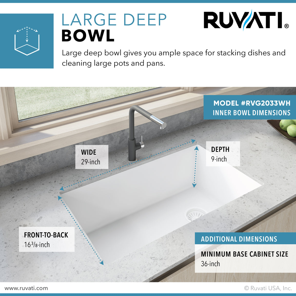 Ruvati 32 x 19 inch epiGranite Undermount Granite Composite Single Bowl Kitchen Sink – Arctic White