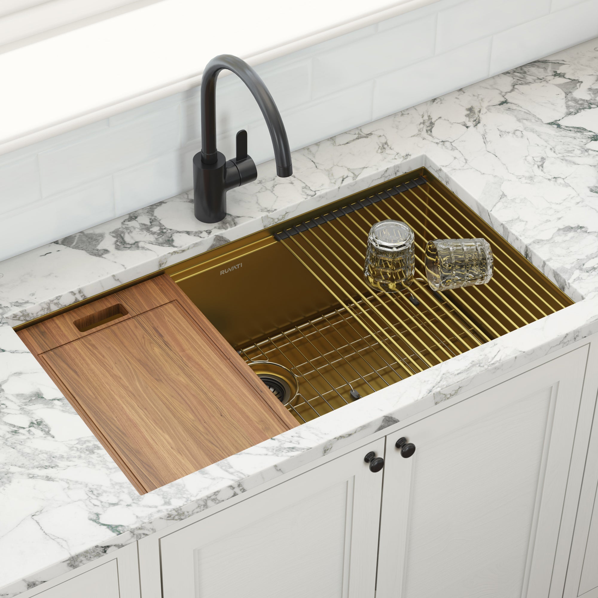 Ruvati 33 inch Polished Brass Matte Gold Workstation Undermount Kitchen Sink Single Bowl