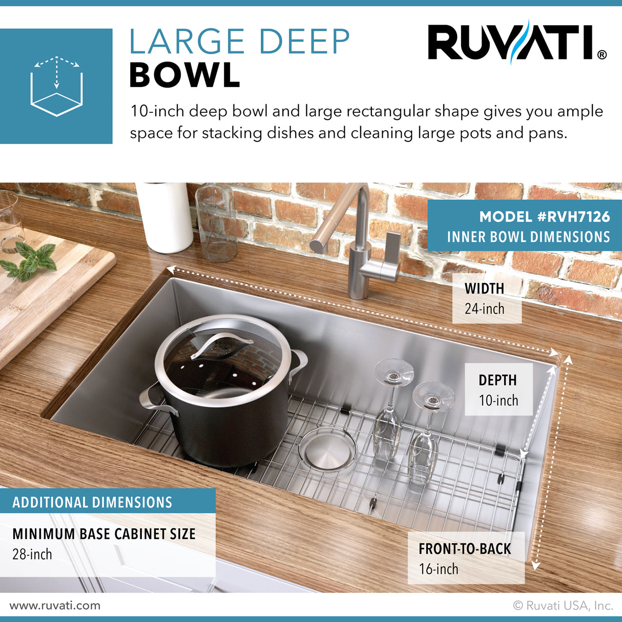 Ruvati 26-inch Undermount 16 Gauge Tight Radius Stainless Steel Kitchen Sink Single Bowl