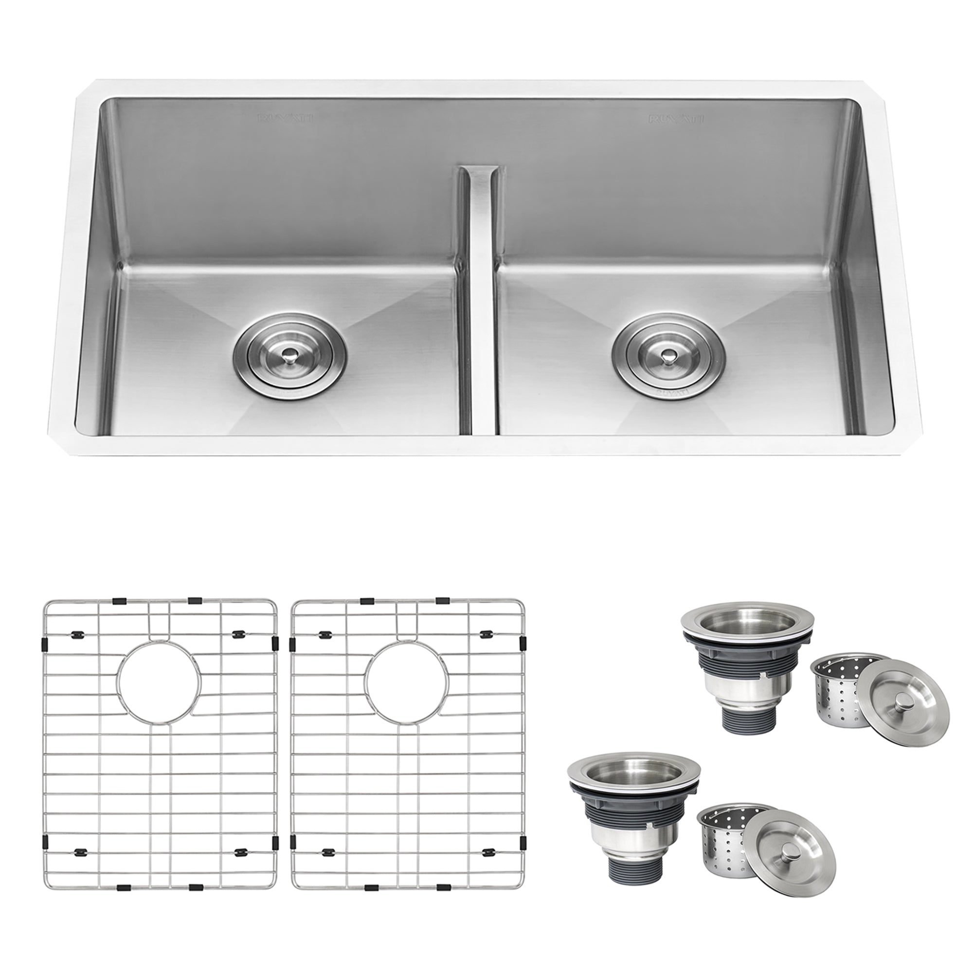 Ruvati 30-inch Low-Divide Undermount Rounded Corners 50/50 Double Bowl 16 Gauge Stainless Steel Kitchen Sink