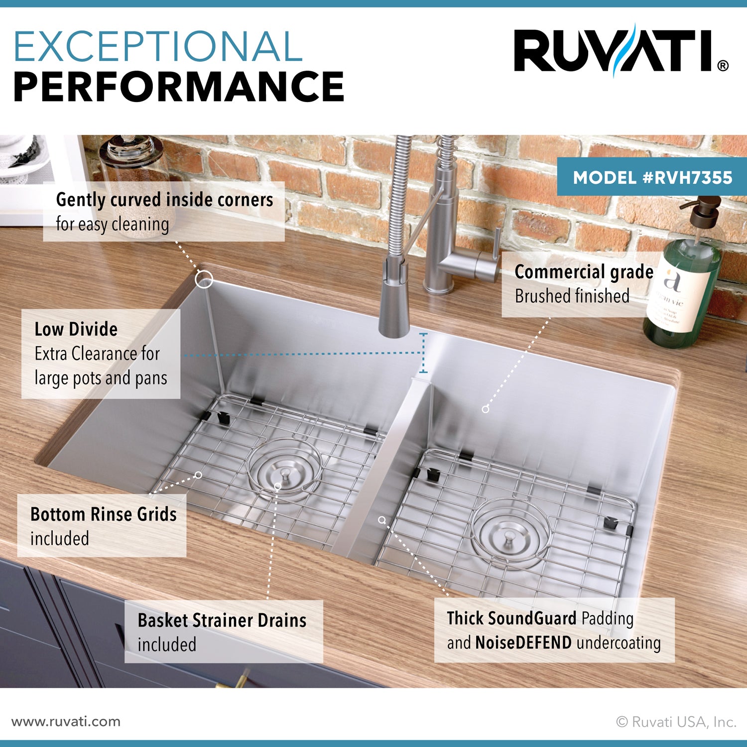 Ruvati 30-inch Low-Divide Undermount Rounded Corners 50/50 Double Bowl 16 Gauge Stainless Steel Kitchen Sink