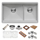 Ruvati 33-inch Workstation Dual Tier Double Bowl Low Divide Undermount 16 Gauge Stainless Steel Kitchen Sink