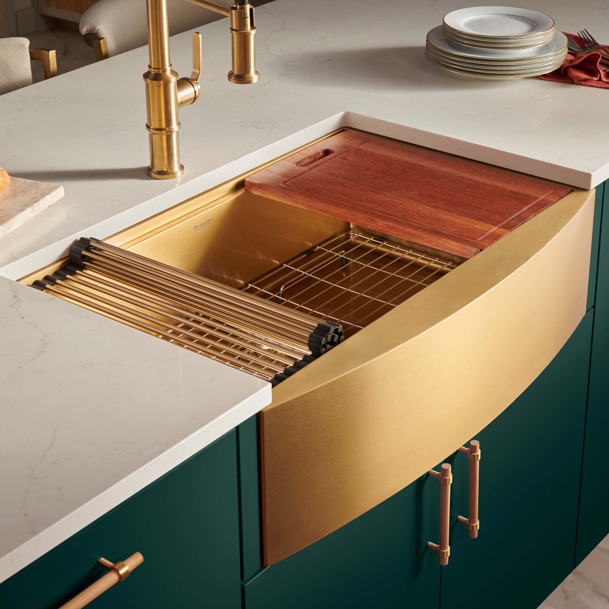 Ruvati 30-inch Matte Gold Workstation Apron-Front Brass Tone Stainless Steel Kitchen Sink
