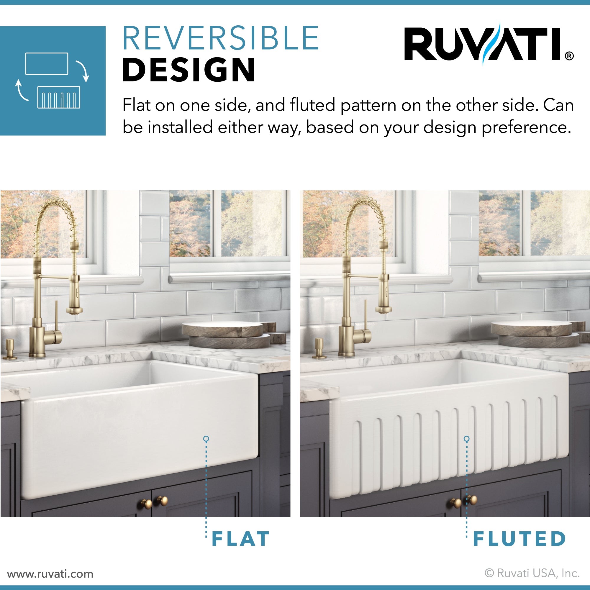 Ruvati 30 x 20 inch Fireclay Reversible Farmhouse Apron-Front Kitchen Sink Single Bowl White