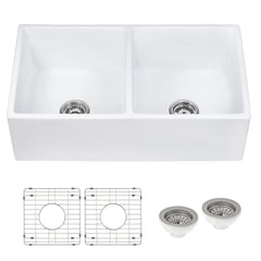 Ruvati 33 x 18 inch Fireclay Farmhouse Apron-Front Kitchen Sink Double Bowl – White