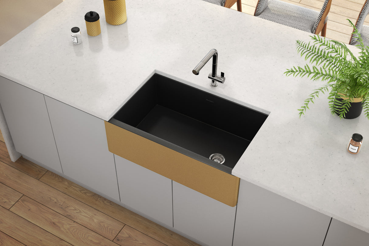 Ruvati 30-inch Matte Black and Brushed Gold Fireclay Modern Farmhouse Kitchen Sink Single Bowl