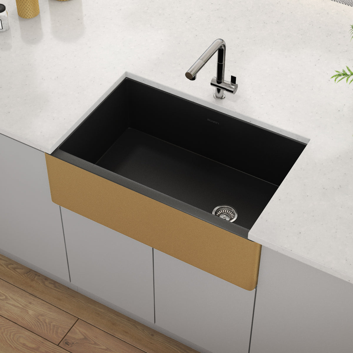 Ruvati 30-inch Matte Black and Brushed Gold Fireclay Modern Farmhouse Kitchen Sink Single Bowl