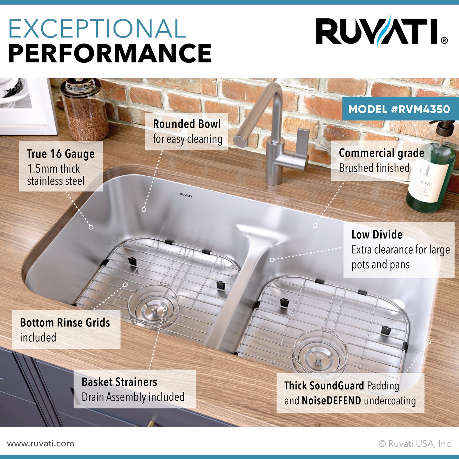 Ruvati 32-inch Low-Divide 50/50 Double Bowl Undermount 16 Gauge Stainless Steel Kitchen Sink