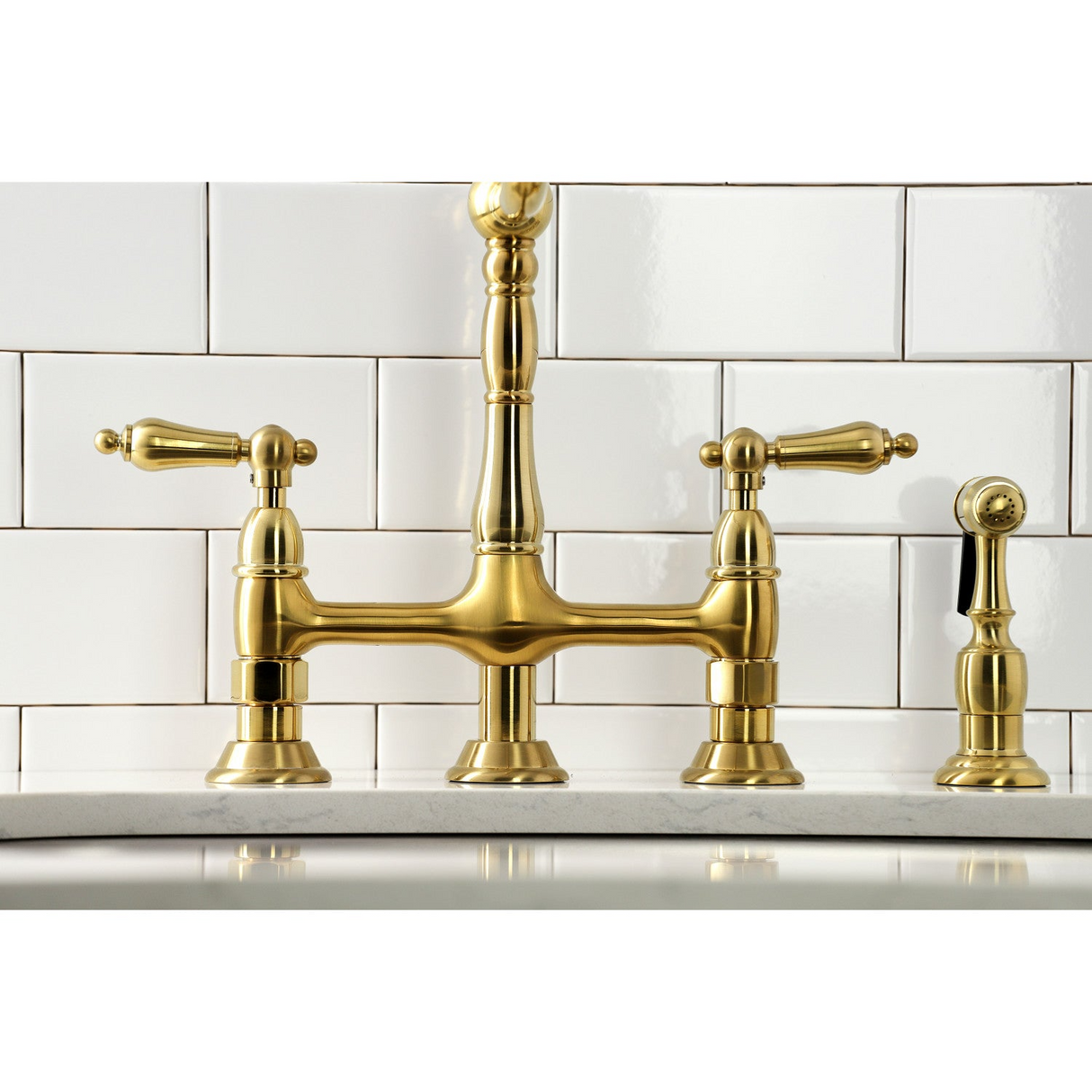 Two-Handle 4-Hole Deck Mount Bridge Kitchen Faucet with Brass Side Sprayer, Brushed Brass