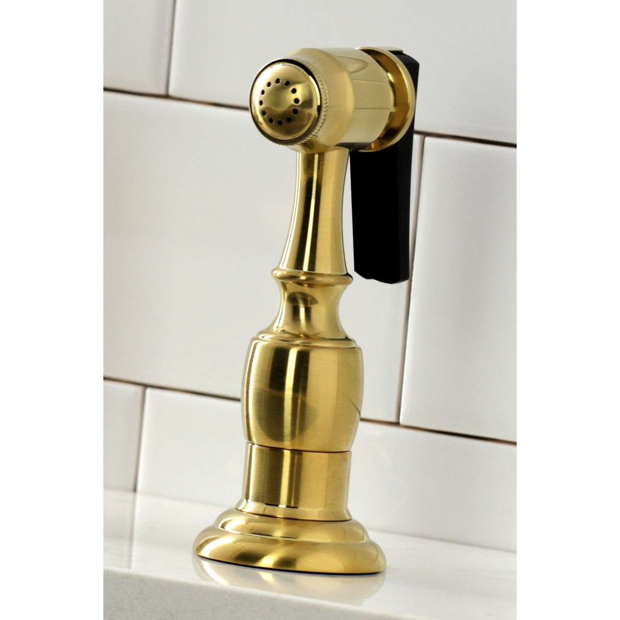 Two-Handle 4-Hole Deck Mount Bridge Kitchen Faucet with Brass Side Sprayer, Brushed Brass