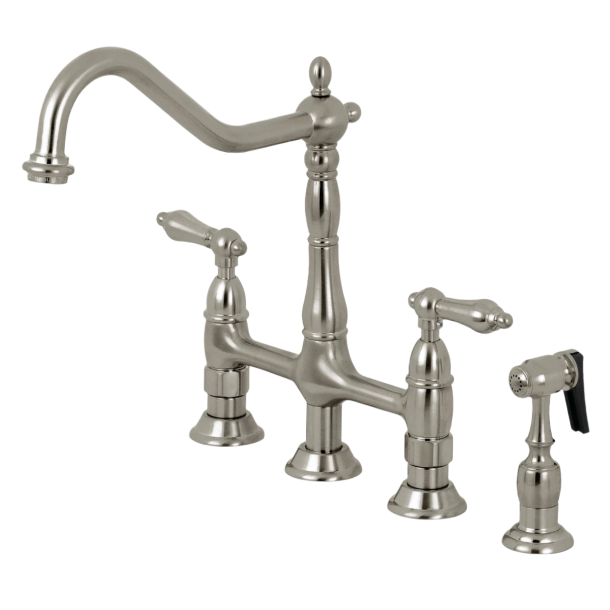 Two-Handle 4-Hole Deck Mount Bridge Kitchen Faucet with Brass Side Sprayer, Brushed Nickel