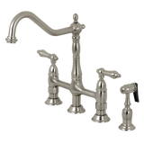 Two-Handle 4-Hole Deck Mount Bridge Kitchen Faucet with Brass Side Sprayer, Brushed Nickel