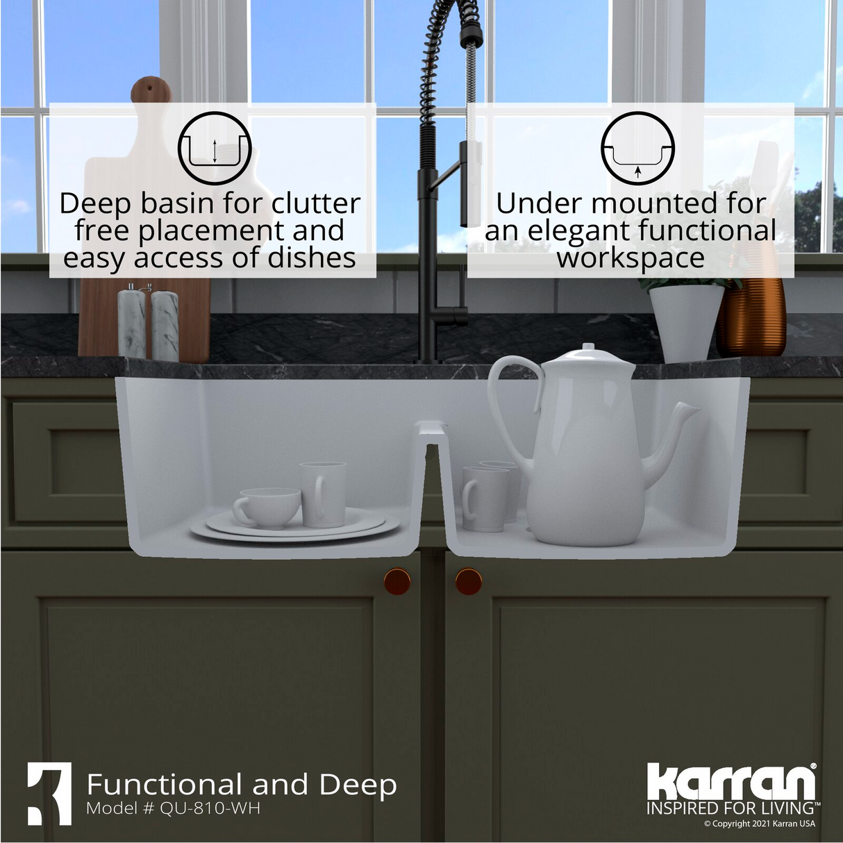 Karran QU-810 33" Top Mount Double Equal Bowl Quartz Kitchen Sink