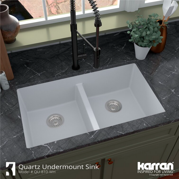 Karran QU-810 33" Top Mount Double Equal Bowl Quartz Kitchen Sink