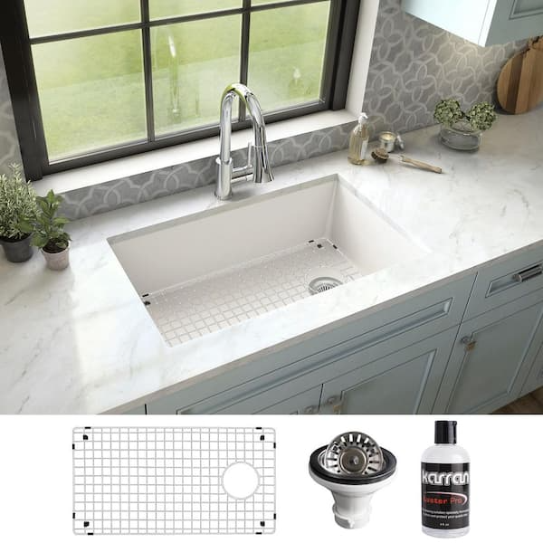 Quartz/Granite 32 in. Single Bowl Undermount Kitchen Sink with Bottom Grid and Strainer