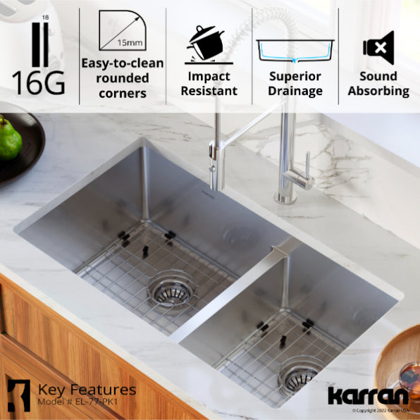 Karran 16-Gauge Stainless Steel 32 in. Double Bowl Undermount Kitchen Sink Kit