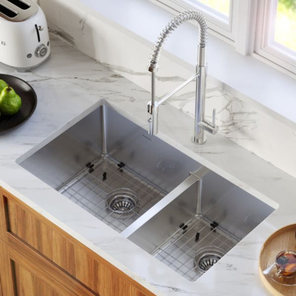 Karran 16-Gauge Stainless Steel 32 in. Double Bowl Undermount Kitchen Sink Kit