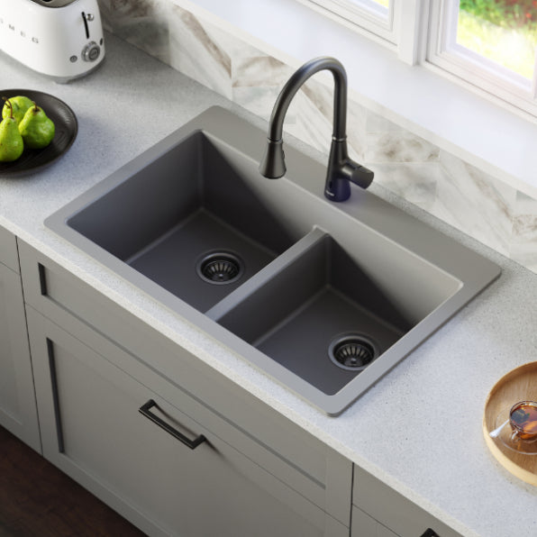 Karran QU-810 33" Top Mount Double Equal Bowl Quartz Kitchen Sink