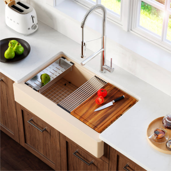 Karran 34 in. Single Bowl Farmhouse Apron Front Workstation Kitchen Sink QAWS-740