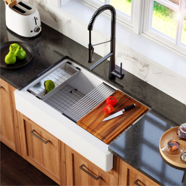 Karran 34 in. Single Bowl Farmhouse Apron Front Workstation Kitchen Sink QAWS-740