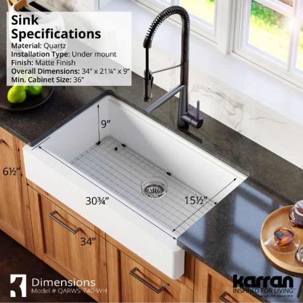 Karran 34 in. Single Bowl Farmhouse Apron Front Workstation Kitchen Sink QAWS-740