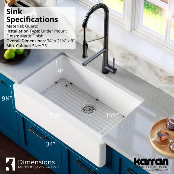 Karran 34 in. Single Bowl Farmhouse Apron Front Workstation Kitchen Sink