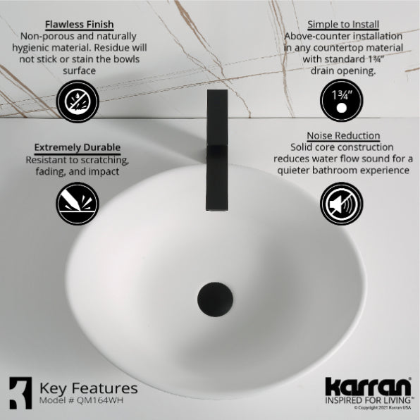 Karran Quattro QM164 Matte White Acrylic 21" Oval Bathrom Vessel Sink