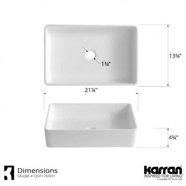 Karran Quattro QM176 Matte White Acrylic 21" Rectangular Bathroom Vessel Sink