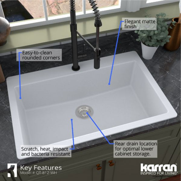 Karran QT-812 Top Mount 33" Large Single Bowl Quartz Kitchen Sink