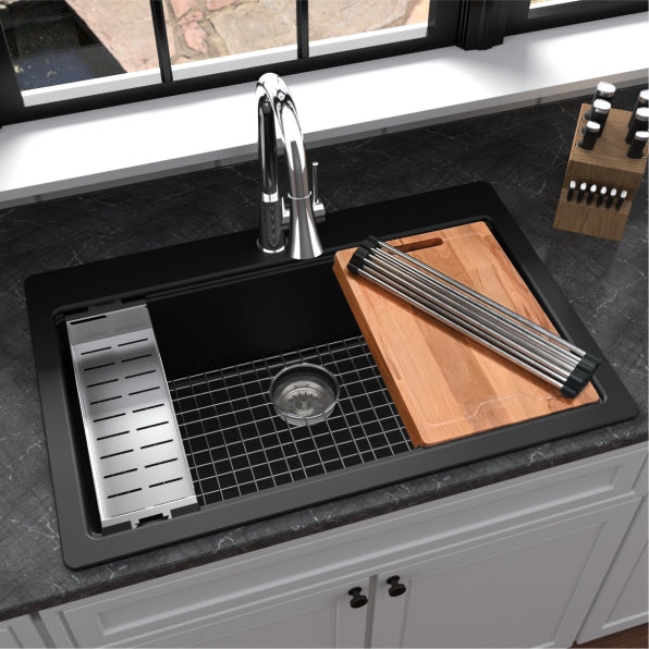 Karran QTWS-875 Top Mount 33" Large Single Bowl Quartz Workstation Kitchen Sink